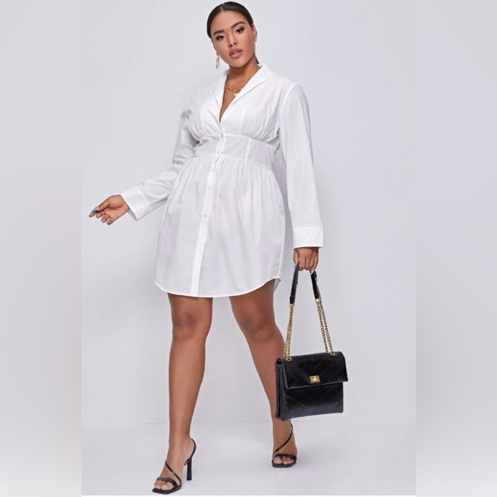 Plus size belted waist Button-front mini shift dress